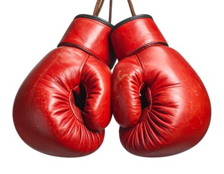  Pair of Classic Red Boxing Gloves Hanging by Laces, isolated on transparent background