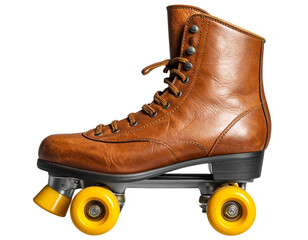 Pair of Vintage Roller Skates Crossed Together with Yellow Wheels, isolated on transparent background