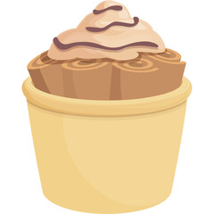 Cartoon Style Rolled Cinnamon Sweet Treat with Swirled Frosting in a Yellow Cup