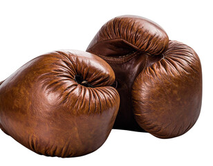 Worn Vintage Boxing Gloves Overlapping Each Other, angled view, isolated on transparent background