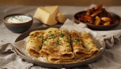 Herbed savory crepes garnished with fresh parsley