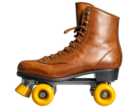 Pair of Vintage Roller Skates Crossed Together with Yellow Wheels, isolated on transparent background