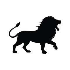 Majestic black lion silhouette roaring powerfully in isolated white background design, lion roaring silhouette vector illustration