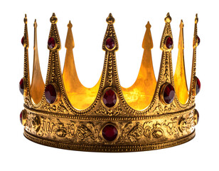  Golden Royal Crown Front View with Red Gemstones and Ornate Detailing, isolated on transparent background