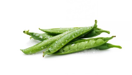 Green snap peas stand out vividly against a pure snowy backdrop, bursting with vitamins and a sweet, fruit-like flavor that refreshes the palate.