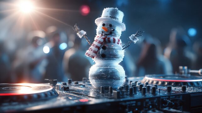 Snowman disco ball on a DJ mixer at a festive winter party with lights
