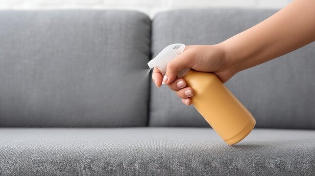 Hand Holding Spray Bottle for Cleaning Couch Upholstery with Disinfectant for Enhanced Hygiene and Sanitization in a Comfortable Living Space - Powered by Adobe