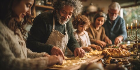 Multigenerational family cooking hanukkah meal together