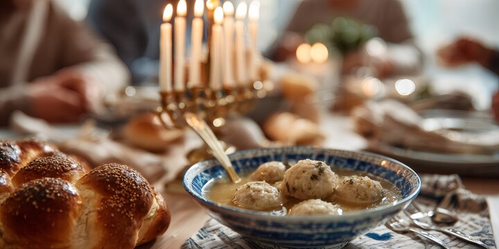 Hanukkah celebration table with traditional matzo ball soup