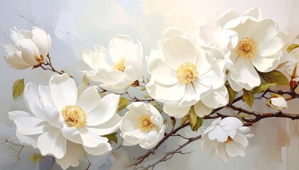 Obraz premium Digitally painted image of pristine white flowers, featuring delicate petals and a soft gradient background