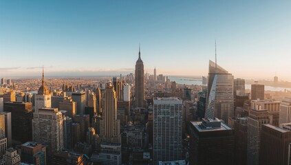 Fototapeta premium Sunrise view of urban skyscrapers and office buildings in the morning light