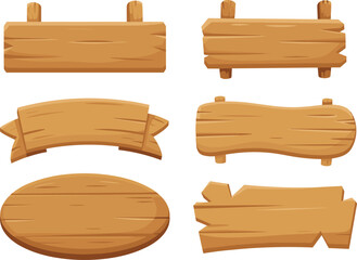 Set of wooden signboard illustrations with different shapes and textures, rustic wood planks, empty signage design elements on white background