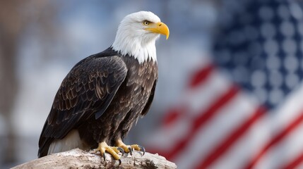 Naklejka premium A majestic bald eagle perches on an aged, weathered branch, surveying its surroundings with keen eyes. Behind it, the vibrant colors of the American flag symbolize strength and freedom