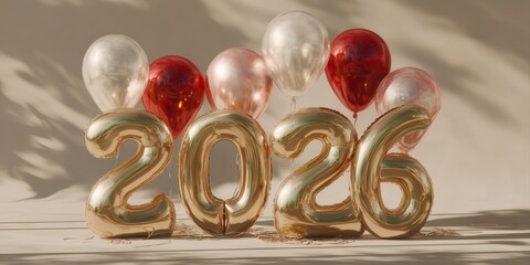 Golden 2026 new year celebration balloons floating