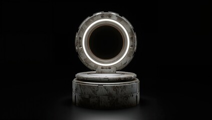 Circular sci-fi mechanical stand glowing with LED lighting atop a dark, worn base
