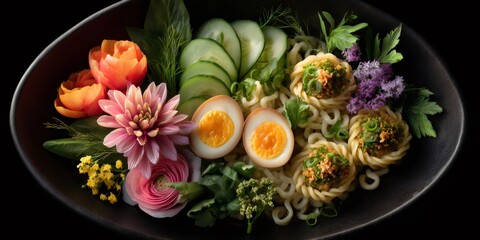 Ramen noodles forming numbers with fresh floral garnishment
