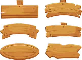 Naklejka premium Set of wooden signboard illustrations with different shapes and textures, rustic wood planks, empty signage design elements on white background
