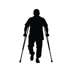 Silhouette of an individual using crutches for support while walking forward, person using crutches silhouette vector illustration