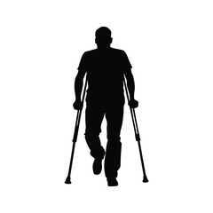 Silhouette of a man walking with crutches on a white background graphic, person using crutches silhouette vector illustration