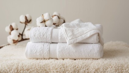 Pile of fresh white towels accompanied by a branch of soft cotton bolls resting on a cozy blanket