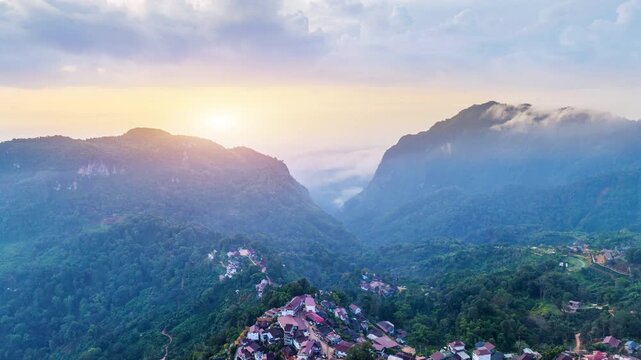 Aerial view of Pha hi village at sunrise, Chiang Rai, Thailand.