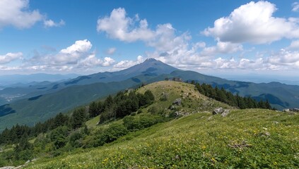 Obraz premium View of Aizukomagatake from Hiuchigatake's Manaitagura Peak during Spring