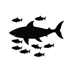 A Black Shark Surrounded by Smaller Fishes Silhouetted Against a White Background, shark hunting school of fish silhouette vector illustration