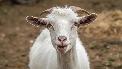 Obraz premium Charming white goat posing in its enclosure, close-up of its face and head outdoors.