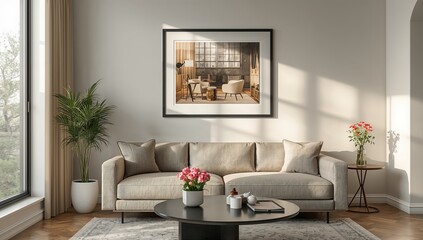 Contemporary living space featuring a cozy couch, vibrant floral arrangements, sleek decor elements, and sunlight streaming through a window onto the wall.