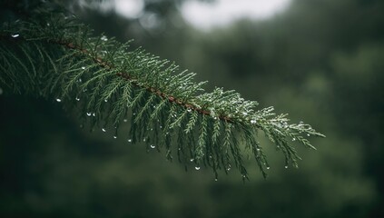 Water droplets on pine needles with blurred background, nature, tree, green foliage, plant, natural branch