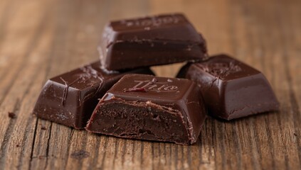 Three chunks of dark bitter chocolate on a wooden surface, close-up