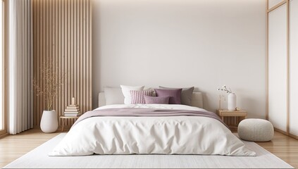 Japandi style bedroom design featuring white and purple hues, minimalist Japanese-inspired decor with ample copy space and cushioned bed