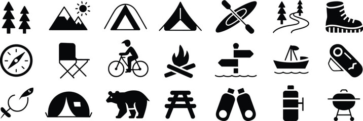 Obraz premium Camping and outdoor adventure glyph icon set, black silhouette vector pictograms of tent, backpack, campfire, compass, kayak, hiking, travel, wilderness exploration, and eco-tourism symbols for advent