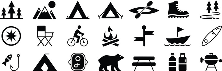 Fototapeta premium Camping and outdoor adventure glyph icon set, black silhouette vector pictograms of tent, backpack, campfire, compass, kayak, hiking, travel, wilderness exploration, and eco-tourism symbols for advent