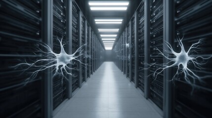 Glowing Neural Networks Concept Inside a Data Center, Showcasing Modern Technology and Artificial Intelligence Innovations in a Futuristic Environment