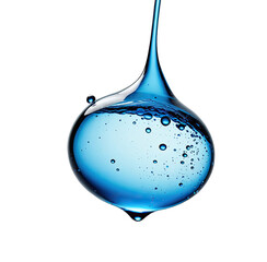 A clear droplet of liquid suspended against a black backdrop