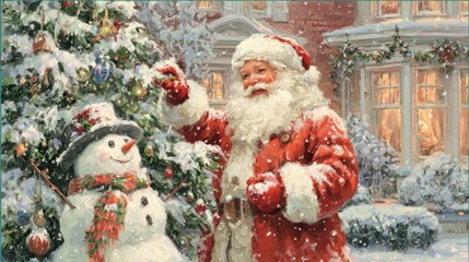 happy santa claus is decorating the christmas tree outdoor