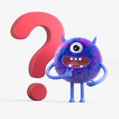 Fluffy, cute monster beside a question mark, symbolizing inquiry or curiosity. 3D rendering, conceptual image. Isolated on white background.