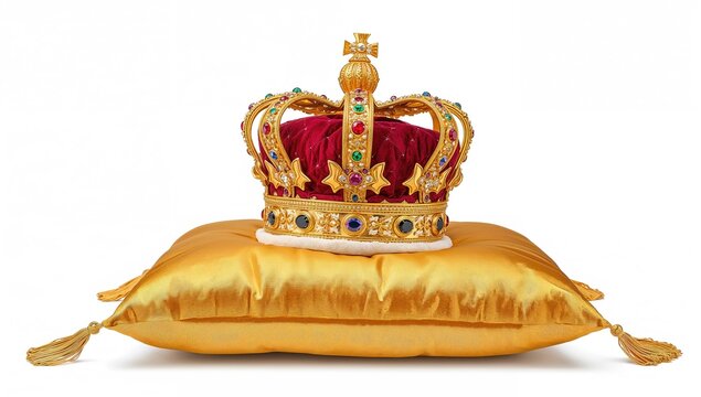 A regal crown adorned with gold and precious gems placed on a decorative cushion