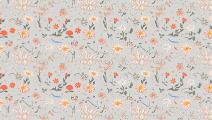Continuous pattern featuring daisies and tiny orange blossoms on a soft pastel backdrop, 2D illustrated design.