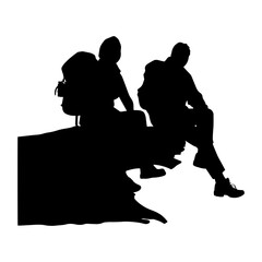 Two hikers resting on cliff silhouette