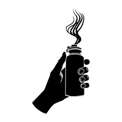 Hand holding steaming thermos cup silhouette