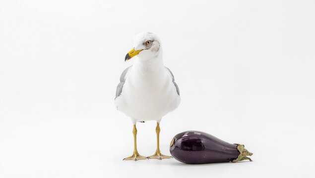 Seagull perched upright against a plain white backdrop