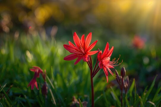 Vivid red blossoms of Lycoris radiata in full bloom