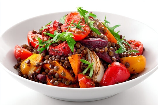 Delectable lentil salad with roasted vegetables and peppery arugula, a vibrant and healthy meal option perfect for food blogs and culinary projects
