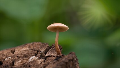 Single mushroom sprouting from a sliced tree trunk in a natural setting, close-up view of fungi outdoors