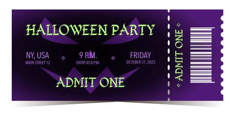 Halloween party ticket template with smiling scary face and event details