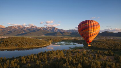 Fototapeta premium Soaring over picturesque landscapes in a vibrant hot air balloon