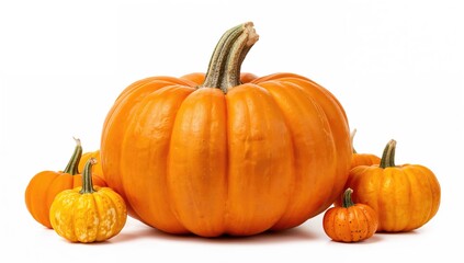 Ripe orange pumpkin set against a white background