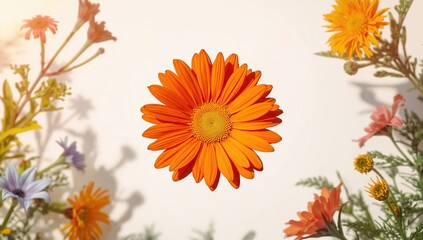 Bright orange marguerite blooms set against a plain backdrop, symbolizing spring and Easter themes